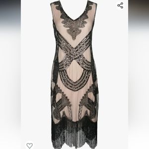 Sheer Cream/Tan with Black laced overlay and Sequin accent Vintage dress